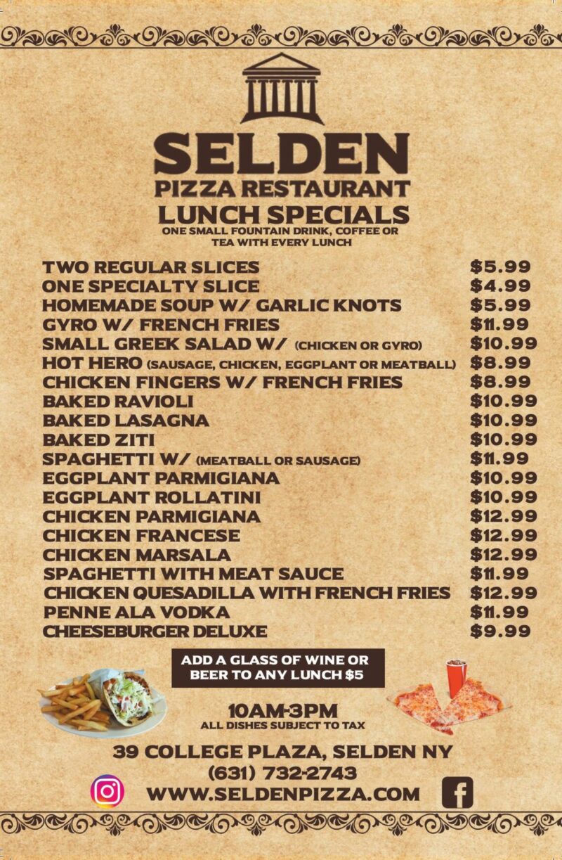 Lunch Menu Selden Pizza